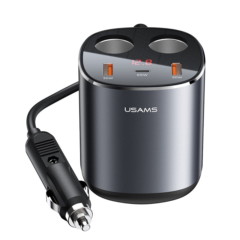 USAMS 45W C28 Digital Display Triple Port Fast Charger with Dual Lighter PD QC Fast Charging