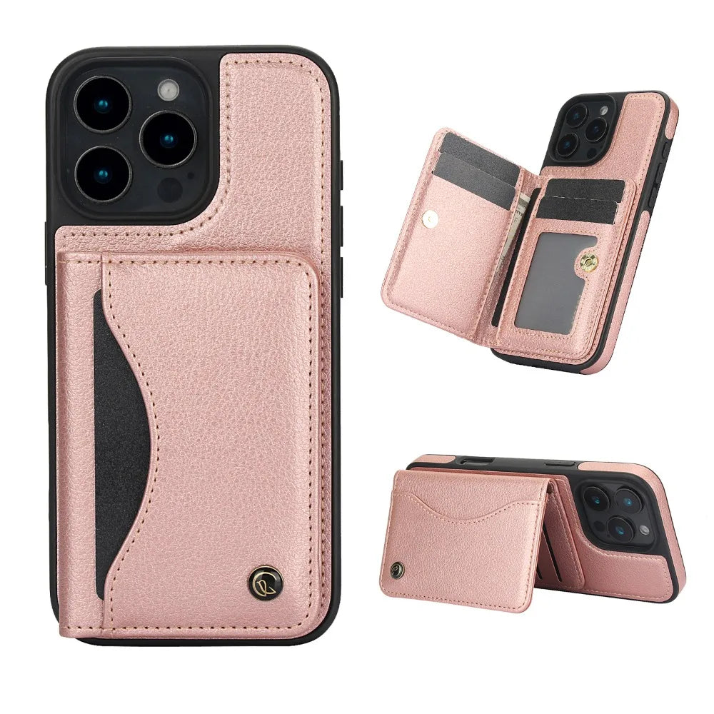 iPhone 16 Series Shockproof Wallet Case with Card Slot and Stand