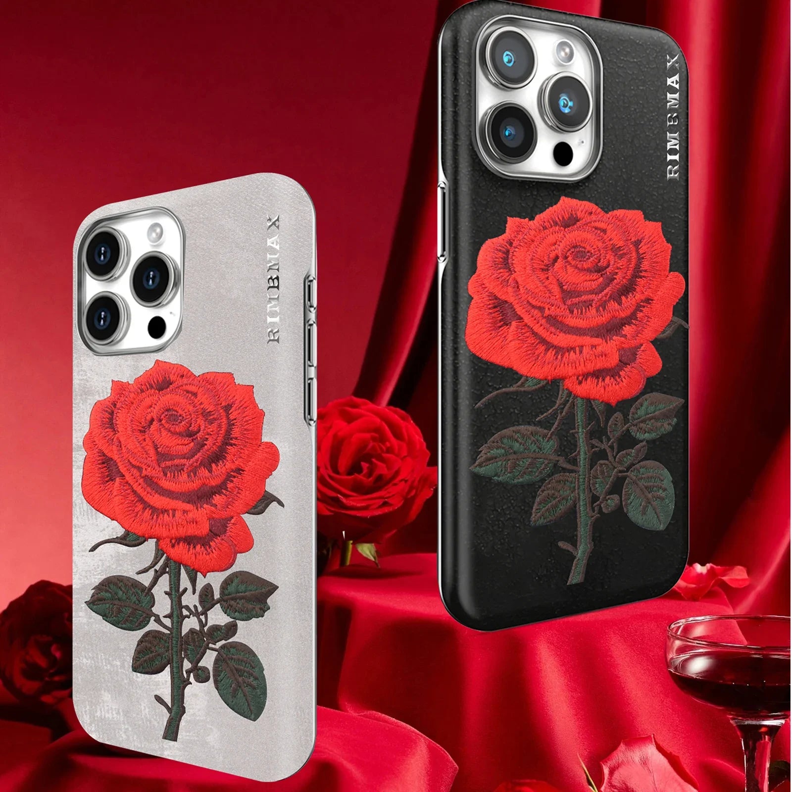 Elegant Matte Leather Case with Embroidered Red Rose for iPhone 16 Series