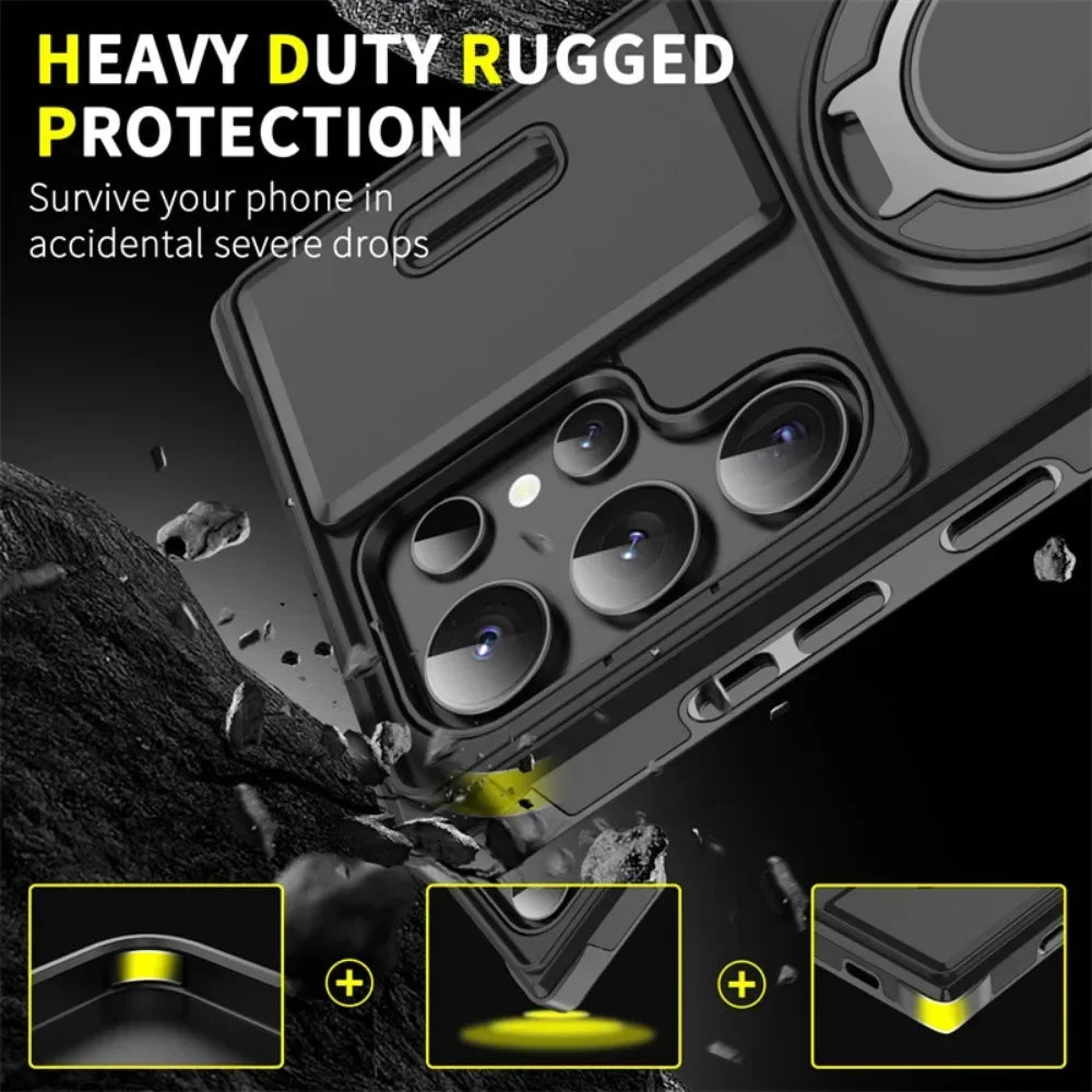 Magnetic Ring Holder Case with Sliding Camera Cover for Samsung Galaxy S24 Series