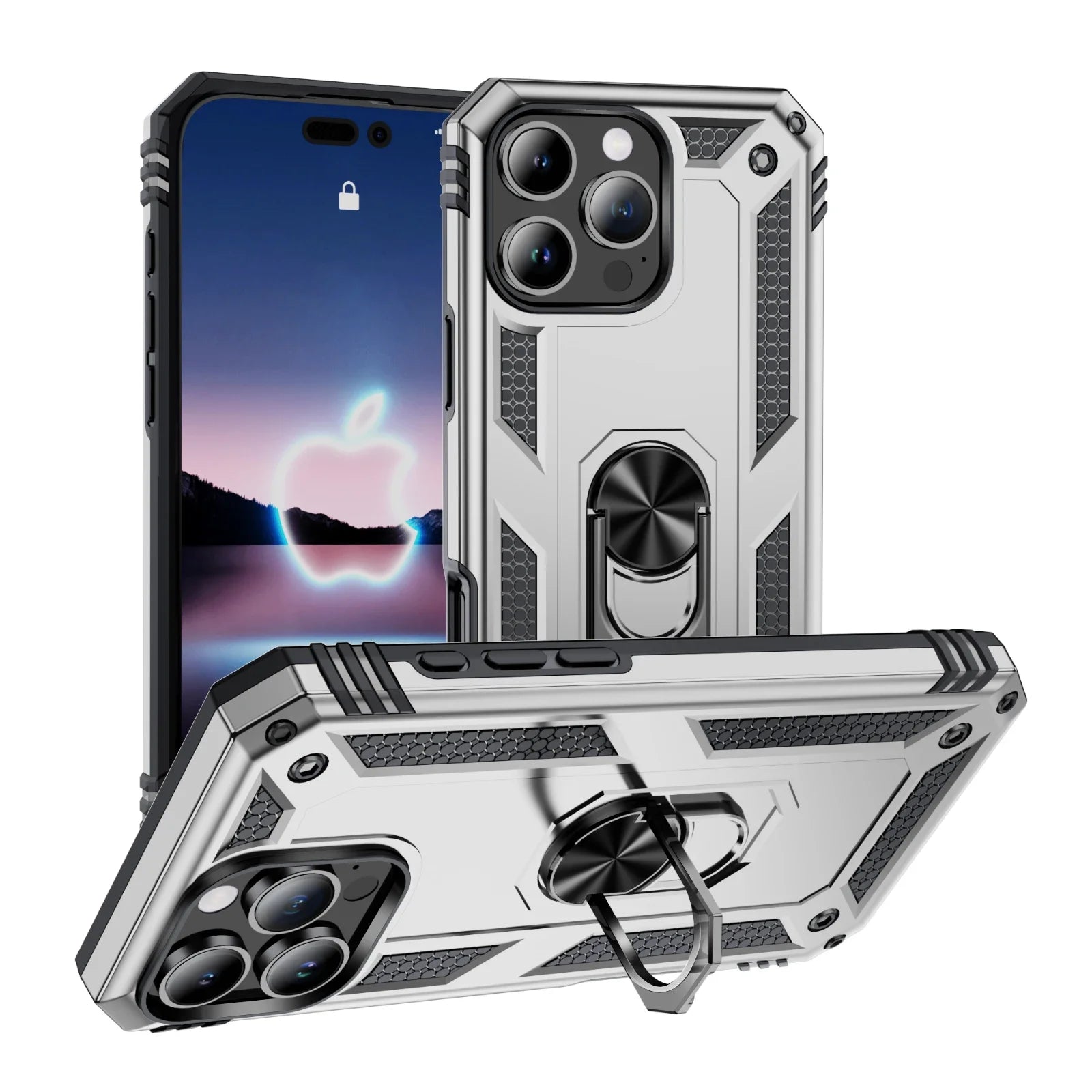 Rugged Armor Case with Metal Ring Holder for iPhone 16 Series