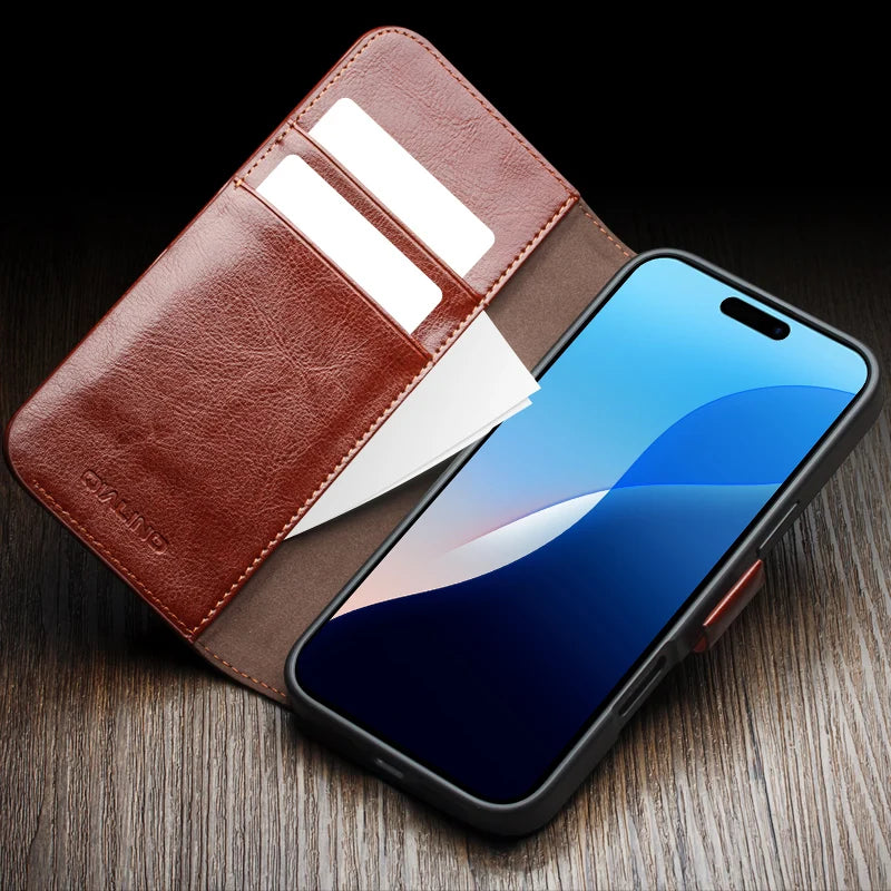 Classic Genuine Cowhide Leather Flip Wallet Case for iPhone 16 Series