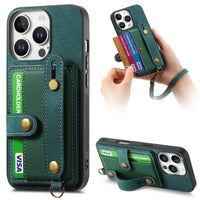 Wrist Strap Leather Wallet Case with Card Holder and Kickstand for iPhone 16 Series