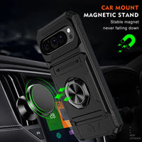 Shockproof PC+TPU Magnetic Car Mount Ring Case with Kickstand and Card Slot for Google Pixel 9 Series