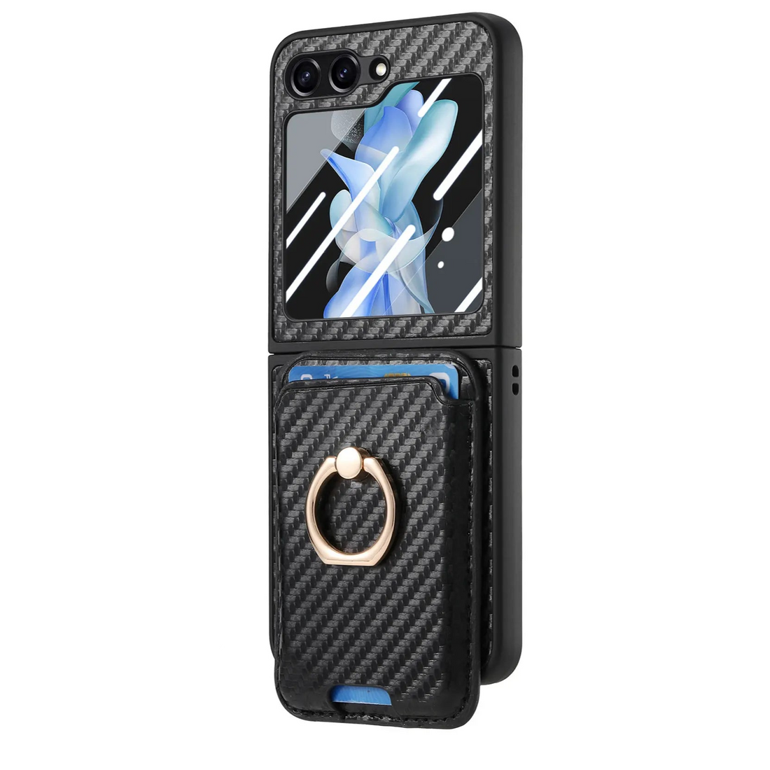 2-in-1 Ring Holder Magnetic Carbon Fiber Wallet Case with Card Slot for Samsung Galaxy Z Flip 5