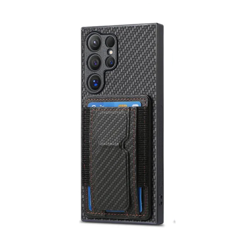 Carbon Fiber Vertical Wallet Case with Foldable Kickstand and Card Slots for Samsung Galaxy S23 Series