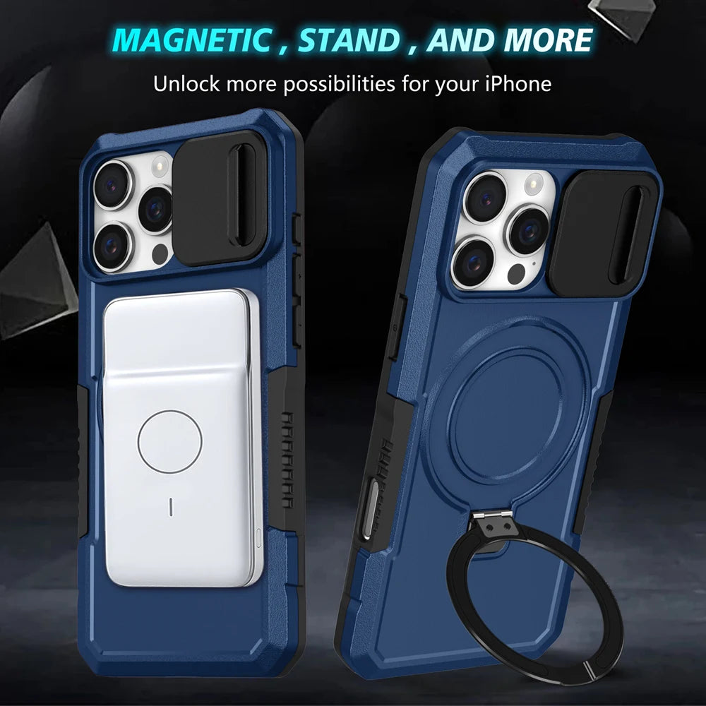 Shockproof Magnetic Ring Stand MagSafe Case with Slide Camera Protection for iPhone 16 Series