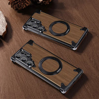 Wooden Magnetic Protective Phone Case with Ring for Samsung Galaxy S24 Ultra