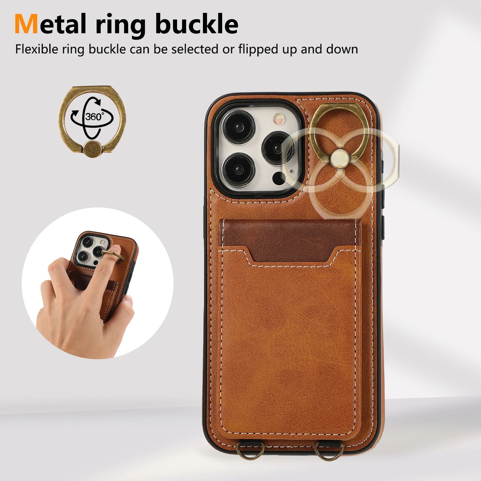 Vertical Card Slot Ring Holder Leather Wallet Case with Stand and Strap for iPhone 15 Series