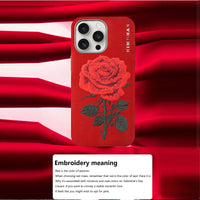 Elegant Matte Leather Case with Embroidered Red Rose for iPhone 16 Series