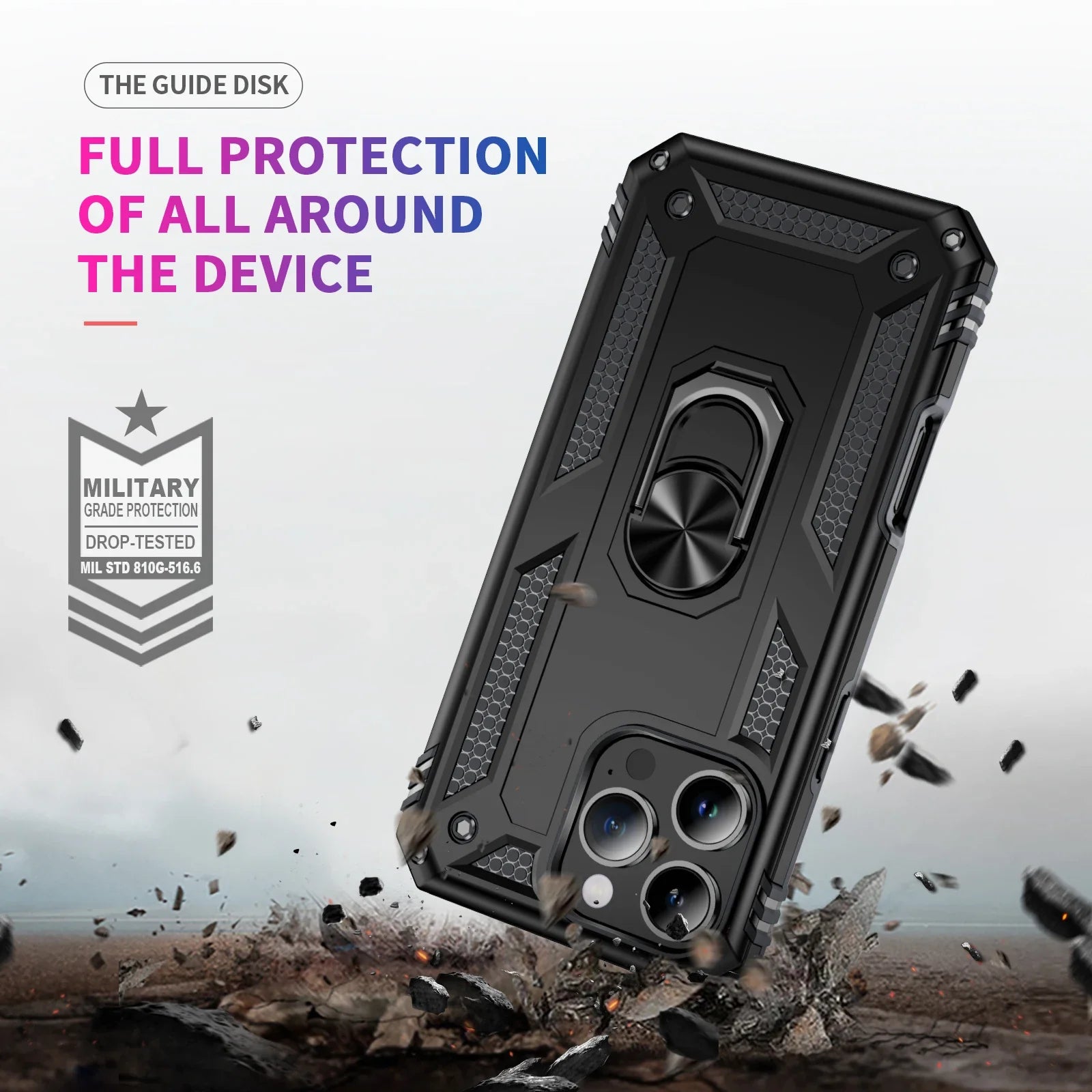 Rugged Armor Case with Metal Ring Holder for iPhone 16 Series