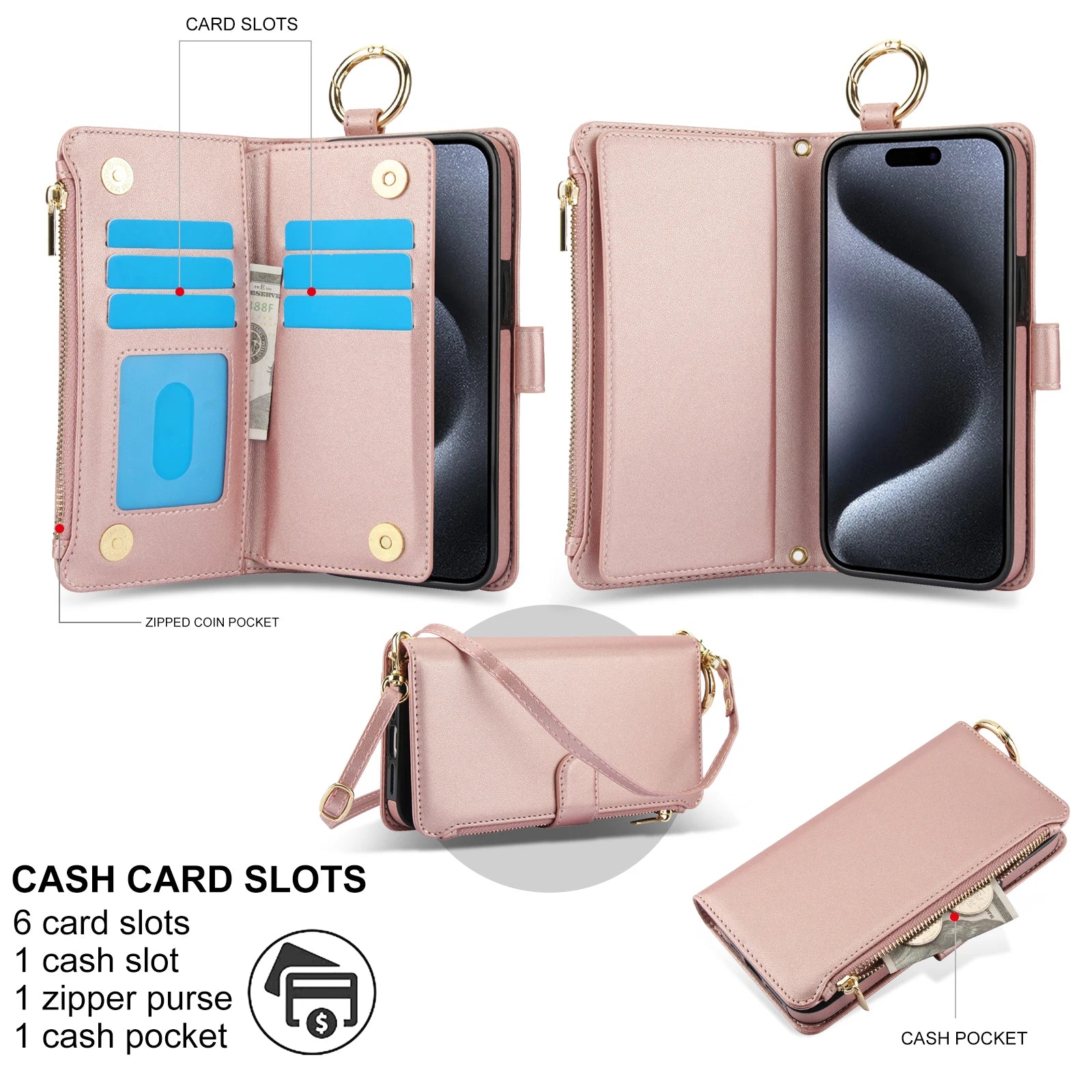 Crossbody Leather Wallet Case with Zipper Card Slots and Ring Holder for iPhone 15 Series