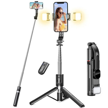 Upgraded Extended Foldable Wireless Bluetooth Selfie Stick Tripod with Remote Shutter and Fill Light