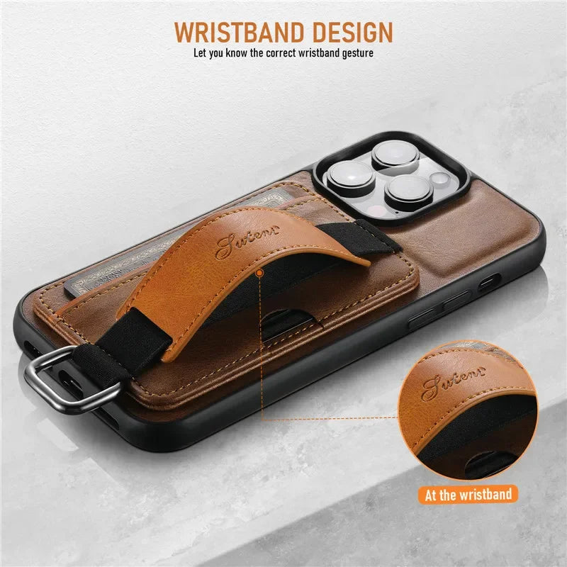 Shockproof Leather Case with Wrist Strap for iPhone 16 Series