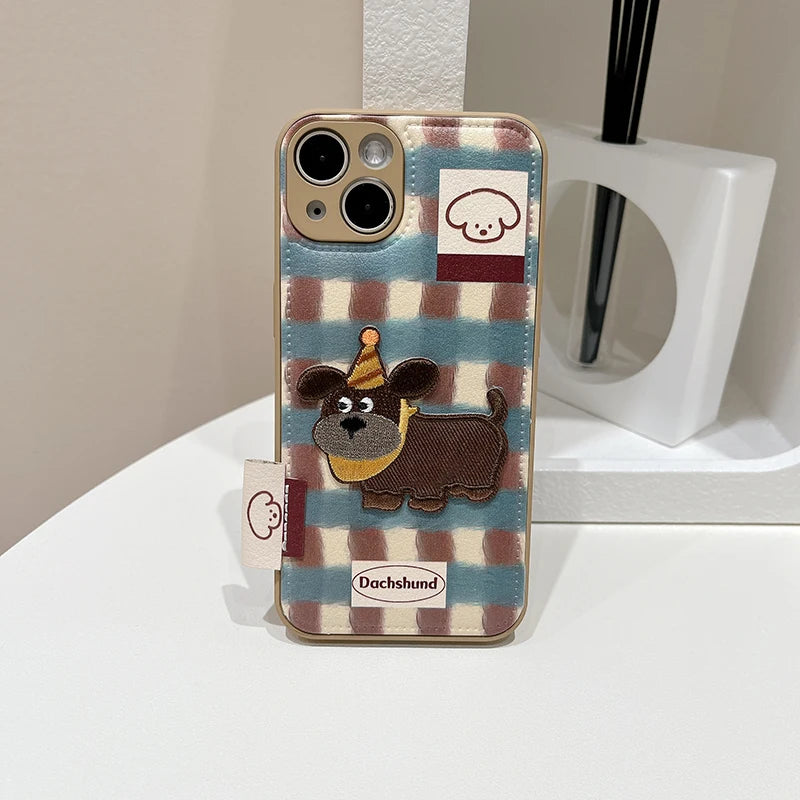 Lovely Embroidered Puppy Dog Leather Drum Bag Case for iPhone 16 Series