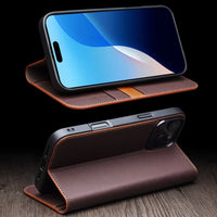 Premium Vintage Genuine Cowhide Leather Wallet Case for iPhone 16 Series