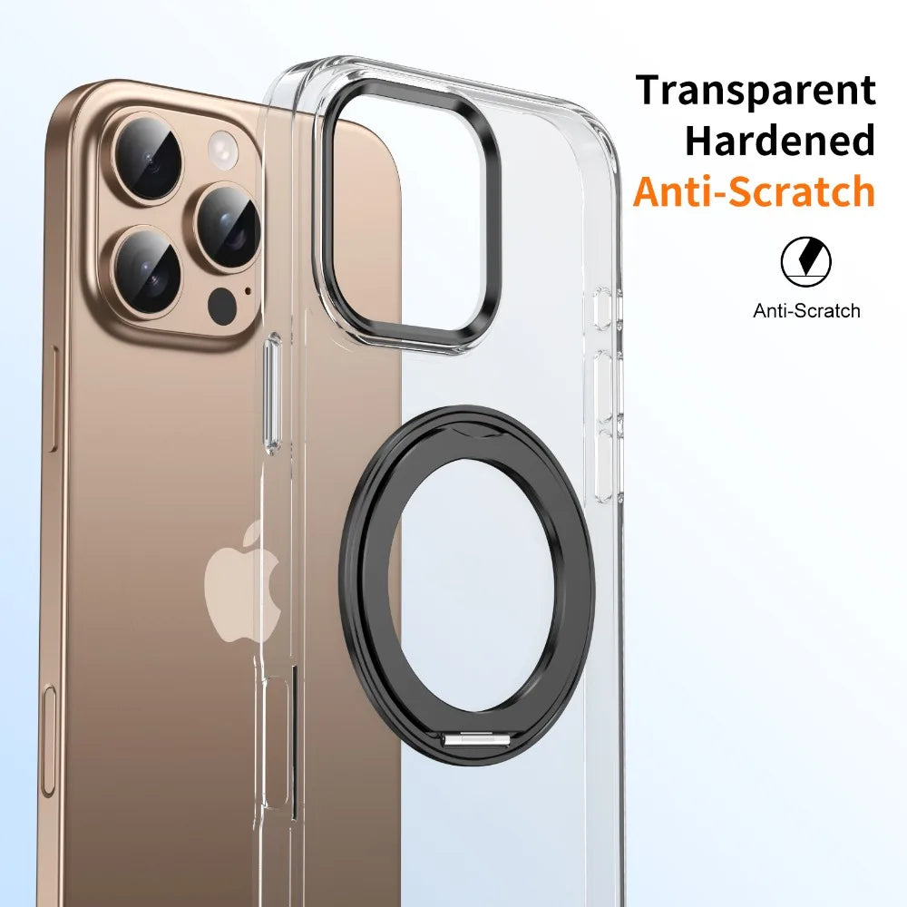 iPhone 16 Series Transparent Case with 360° Rotating Magnetic Bracket & Ring Holder