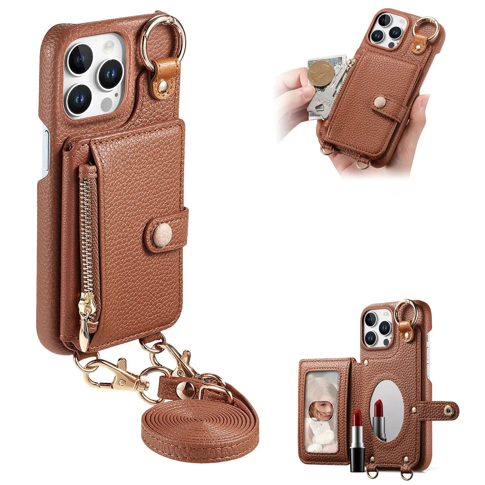 Zipper Wallet Leather Case with Crossbody Lanyard for iPhone 16 Series