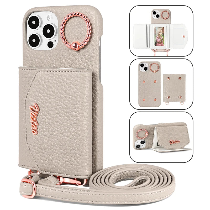 Crossbody Leather Wallet Phone Case with Card Slots and Ring Holder for iPhone 14 Series