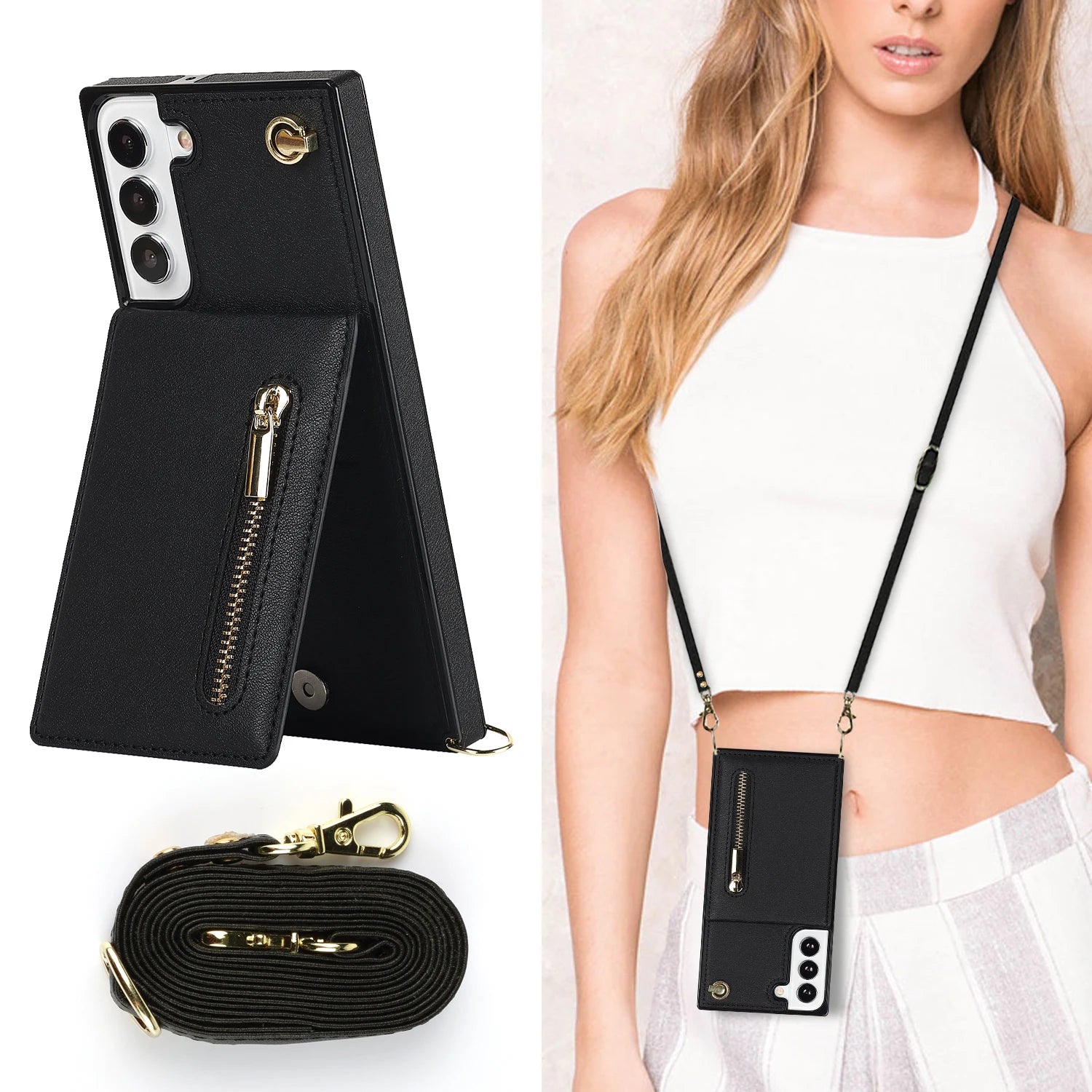 Lanyard Card Slot Cover with Zipper Wallet Crossbody Case for Samsung Galaxy S24 Series