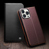 Premium Vintage Genuine Cowhide Leather Wallet Case for iPhone 16 Series