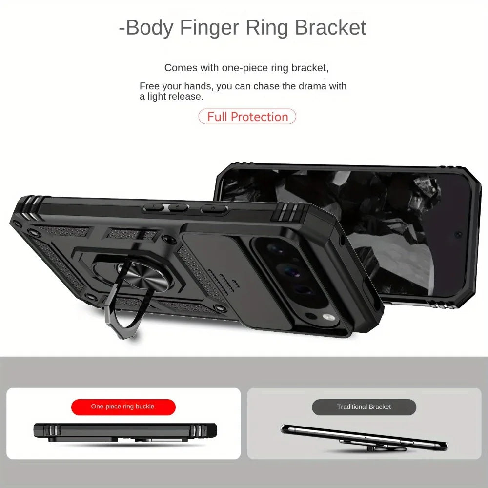 Magnetic Armor Shockproof Phone Case with Ring Holder & Slide Lens Protection for Google Pixel 9 Series