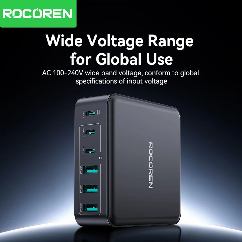 Rocoren 160W GaN USB-C Desktop Charger with 6 Ports