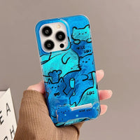 Cartoon Blue Graffiti Cat Folding Holder Case for iPhone 15 Series