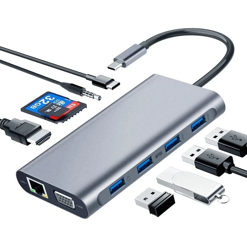 USB-C Hub: RJ45, 4K HDMI, VGA, SD/TF, USB 3.0/2.0, PD Dock for MacBook/iPad/Samsung/Xiaomi