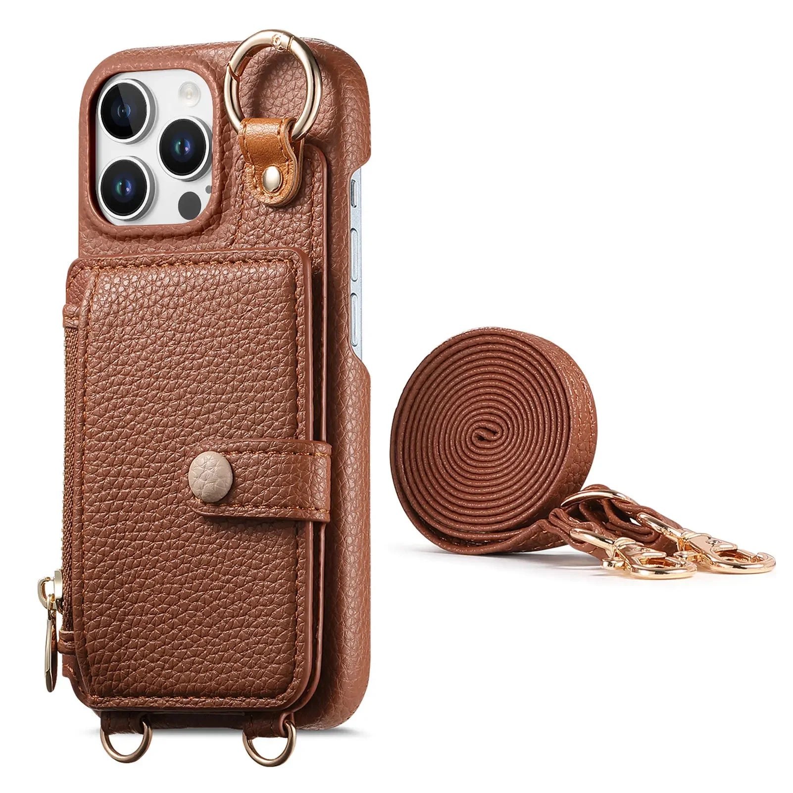 Zipper Wallet Leather Case with Crossbody Lanyard for iPhone 16 Series