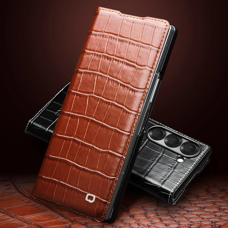 Luxury Genuine Cowhide Leather Flip Case for Samsung Galaxy Z Fold 6 with Crocodile Texture