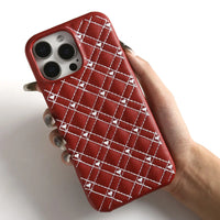 Plaid Heart Pattern Genuine Leather Phone Case for iPhone 15 Series