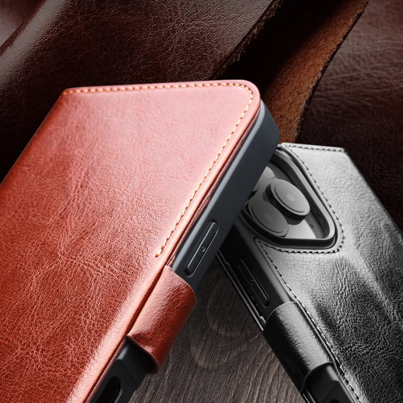 Classic Genuine Cowhide Leather Flip Wallet Case for iPhone 16 Series