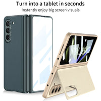 Magnetic Plain Leather Bracket Folding Kickstand Cover with Tempered Glass for Samsung Galaxy Z Fold 5