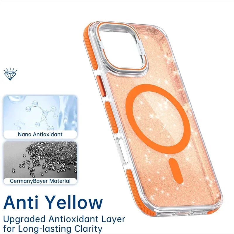 Glitter Magnetic Camera Metal Bumper Phone Case for iPhone 15 Series