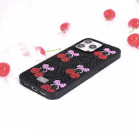 Premium Glitter Cherry Rhinestone Shockproof Case for iPhone 16 Series