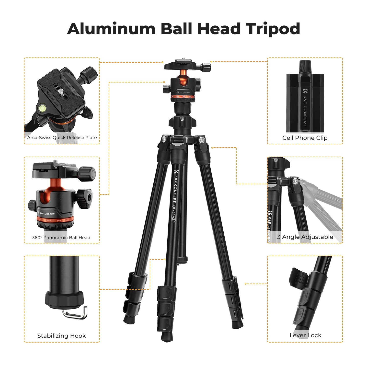 K&F Concept 178cm Camera Tripod with Cellphone Clip