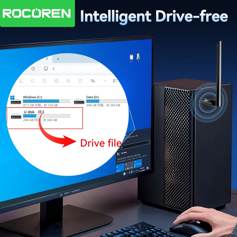 Rocoren AX300M WiFi 6 USB Wireless Adapter with High-Gain Antenna