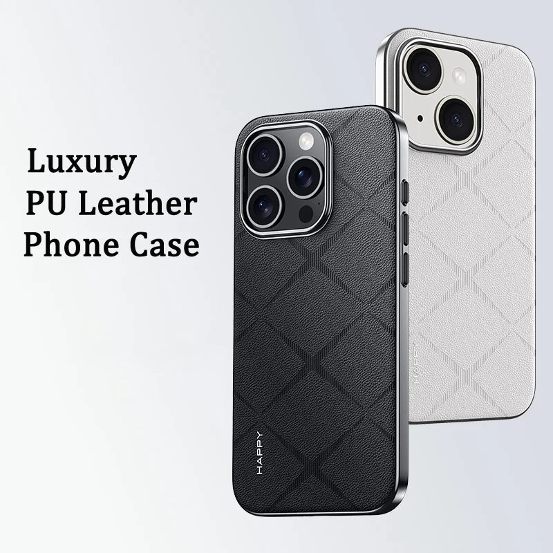 Luxury Grid Pattern PU Leather Case with Plating PC Shockproof Design for iPhone 15 Series