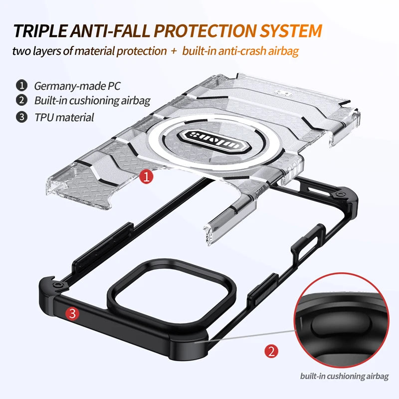 Magnetic Hybrid TPU + Hard PC Airbag Armor Shockproof Anti-Slip Case for iPhone 16 Pro and iPhone 16 Pro Max