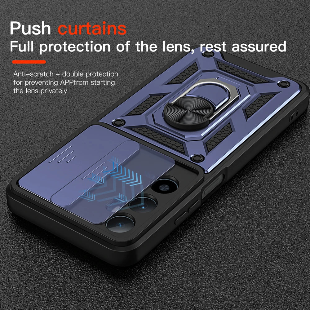 Shockproof Armor Case with Slide Camera Lens Protection and Ring Stand for Realme C65