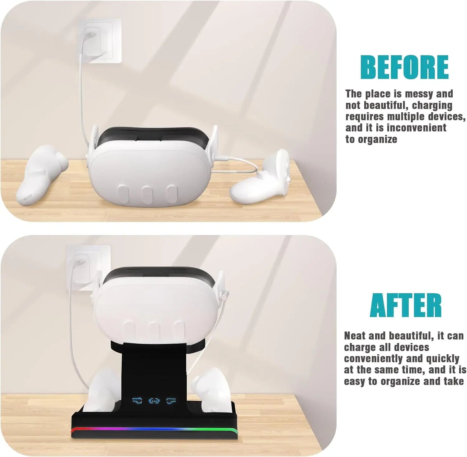 Meta Quest 3 VR Charging Dock with Grip Storage and RGB Magnetic Charger Stand