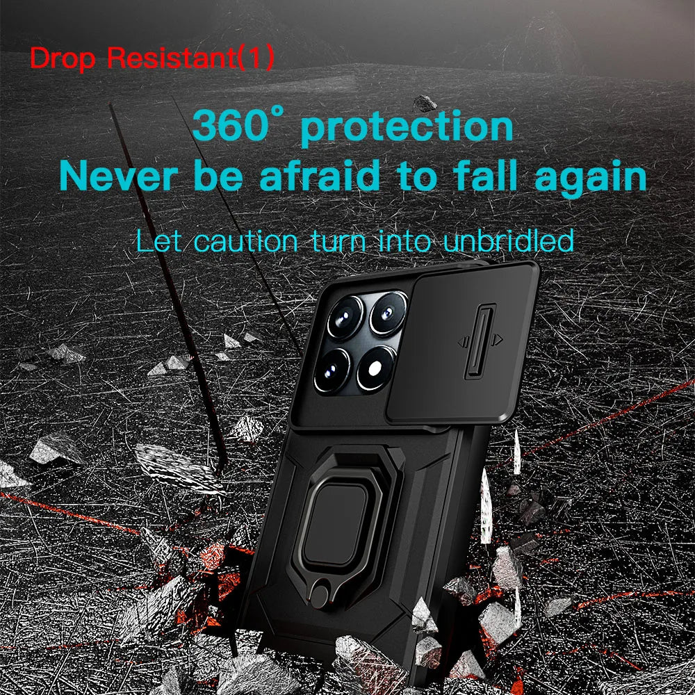 Shockproof Armor Slide Camera Lens Protection Ring Stand Phone Case for Xiaomi POCO X6 and POCO X6 Pro