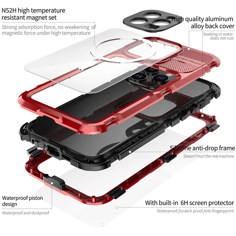 Waterproof Magnetic Aluminum Alloy + Silicone Frame + 6H PET Film Case (2M) for iPhone 15 Series