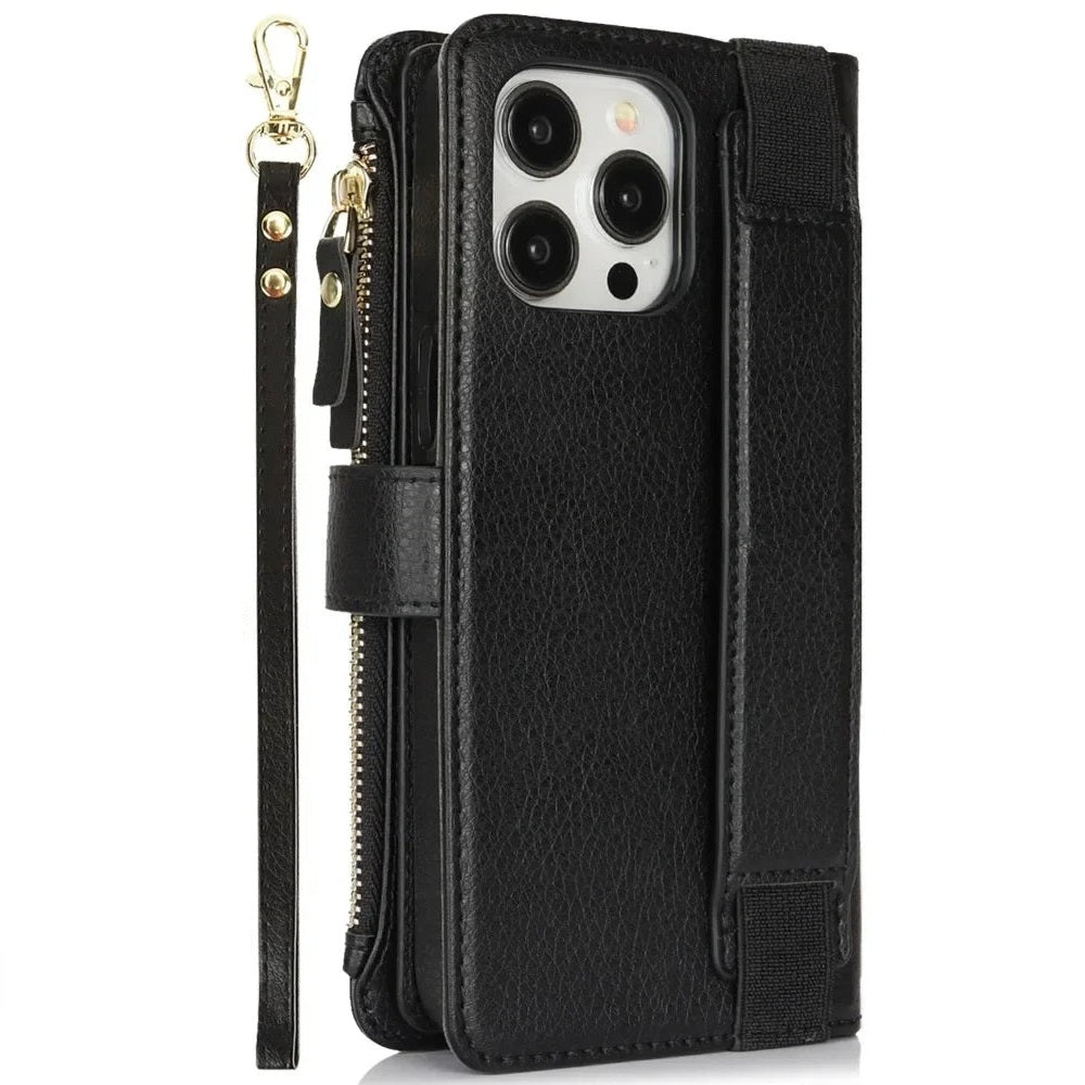 Leather Zipper Wallet Phone Case with Card Holder & Wrist Strap for iPhone 16 Series – Stylish Convenience