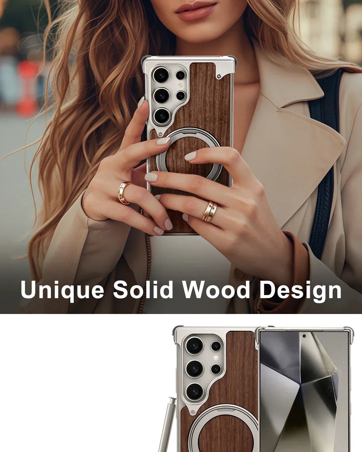 Solid Wood Bumper Case with 360° Rotating Ring Stand for Samsung Galaxy S25 Ultra