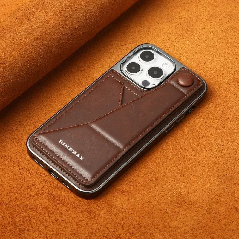 Business Leather Hidden Card Slot Magnetic Two Buckle Foldable Stand Seismic Phone Case for iPhone 14 Series