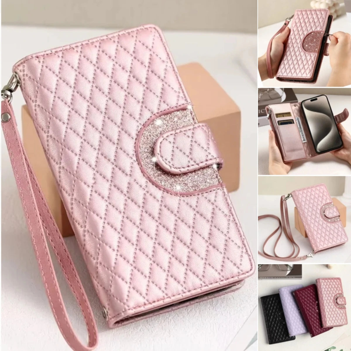 Zipper Wallet Flip Leather Phone Case with Long Lanyard for iPhone 15 Series