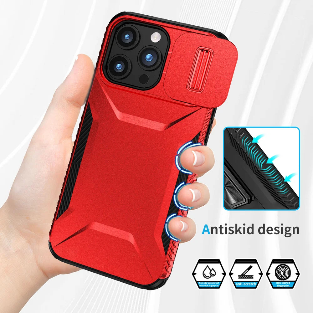 Shockproof Armor Case with Slide Camera Lens Protection for iPhone 15 Series