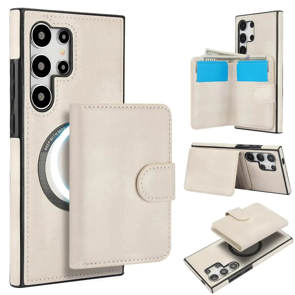 Samsung Galaxy S24 Series Magnetic Leather Case with Card Slots & Kickstand